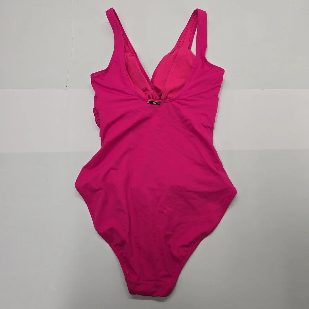 Lauren Ralph Lauren Womens Hot Pink Ruched One Piece‎ Swimsuit V Neck Size 10